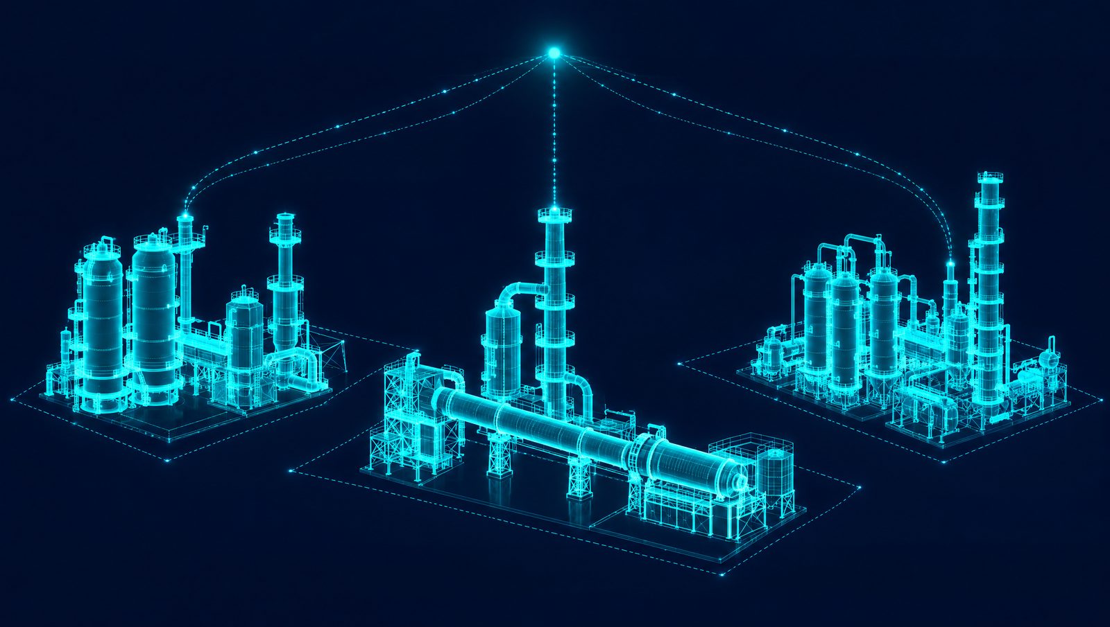 Wireframe drawing of a refinery coker, a rotary calciner and a distillate system linked into one process model