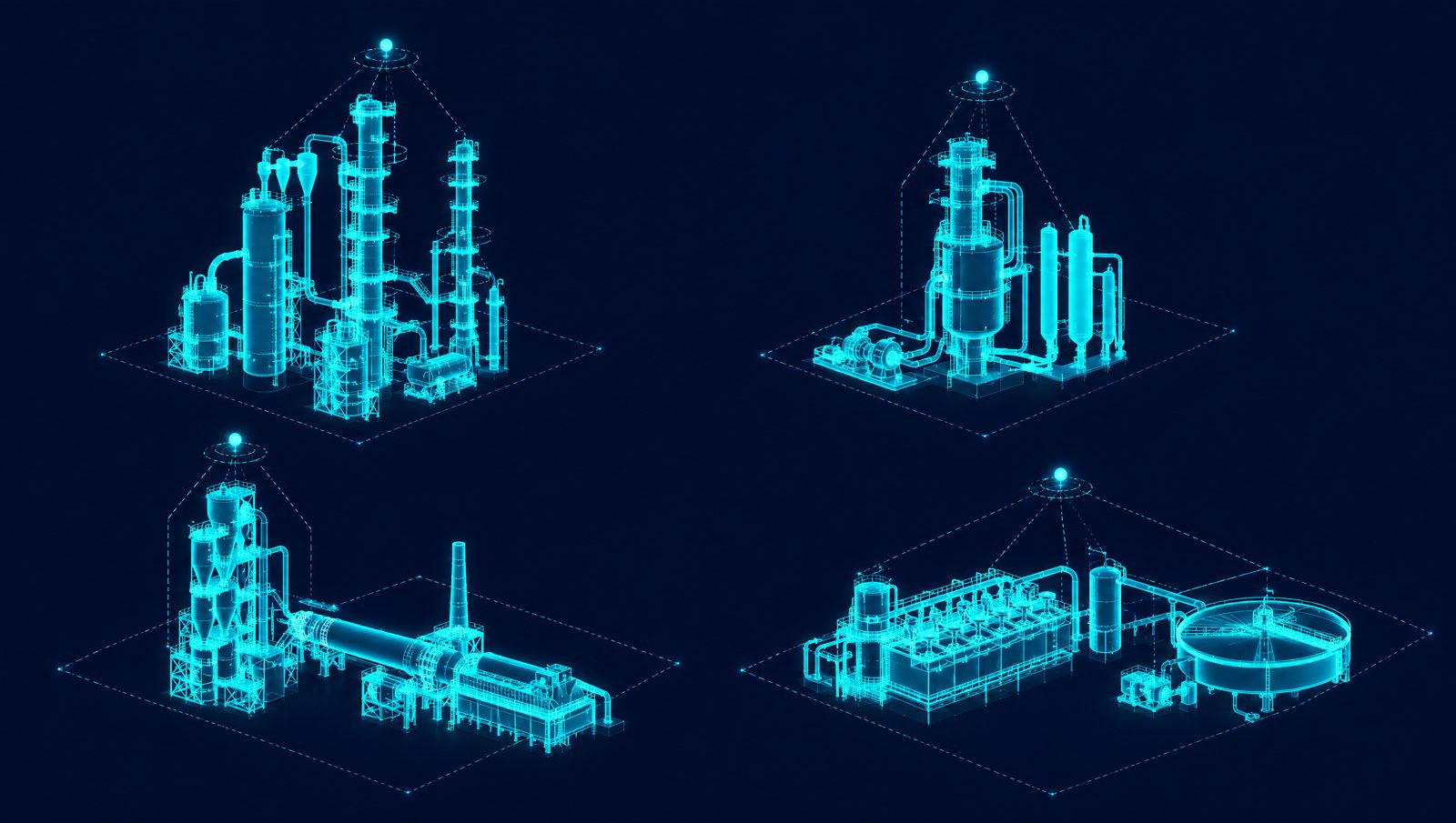 Wireframe drawing of a refinery FCC, a polymer reactor, a cement kiln and a flotation circuit, each linked to its own model node