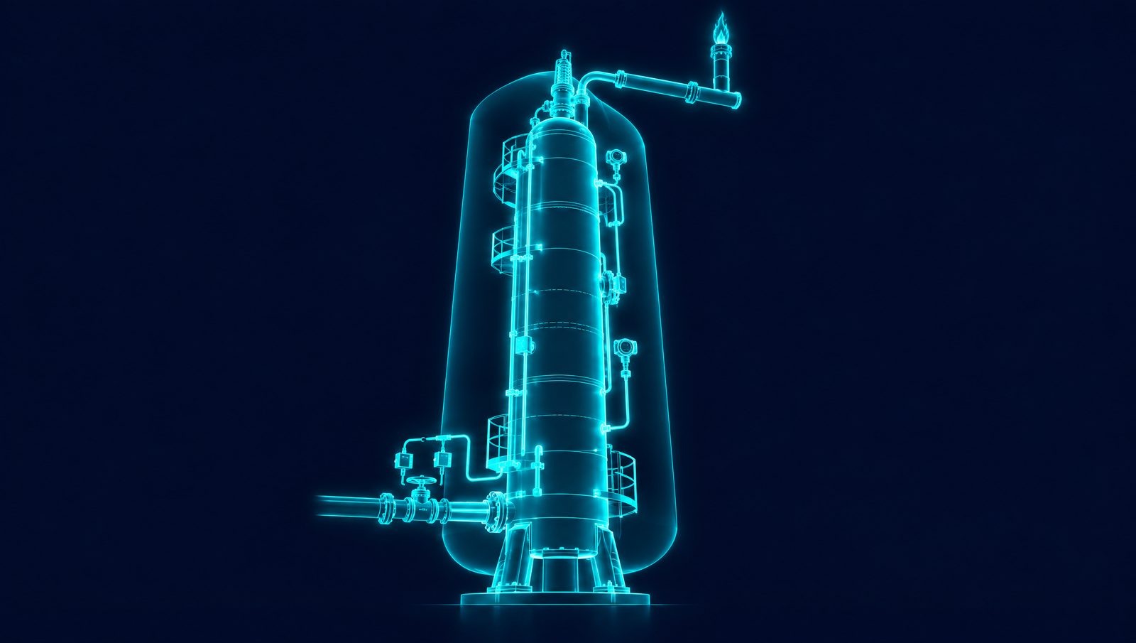 Wireframe drawing of a pressure vessel with its relief valve and transmitters inside a glowing operating envelope