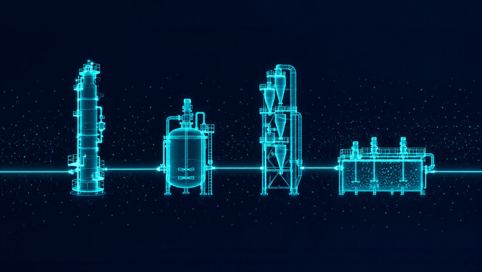 Wireframe drawing of a refinery column, a reactor, a cement preheater tower and a flotation cell feeding one clean signal path