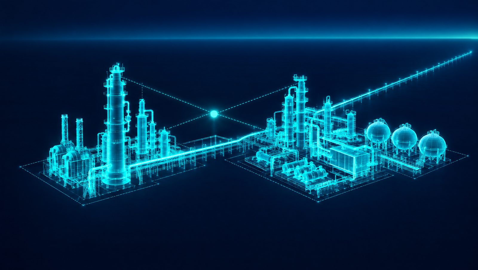 Wireframe drawing of a refinery and gas plant linked by data lines to a single control console