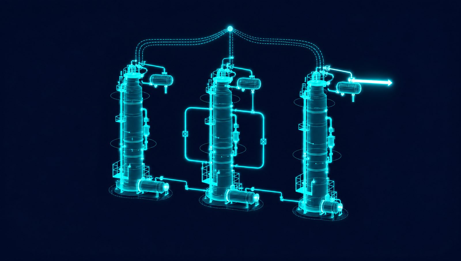 Wireframe drawing of three refinery fractionation towers and a bypass line under a single control loop
