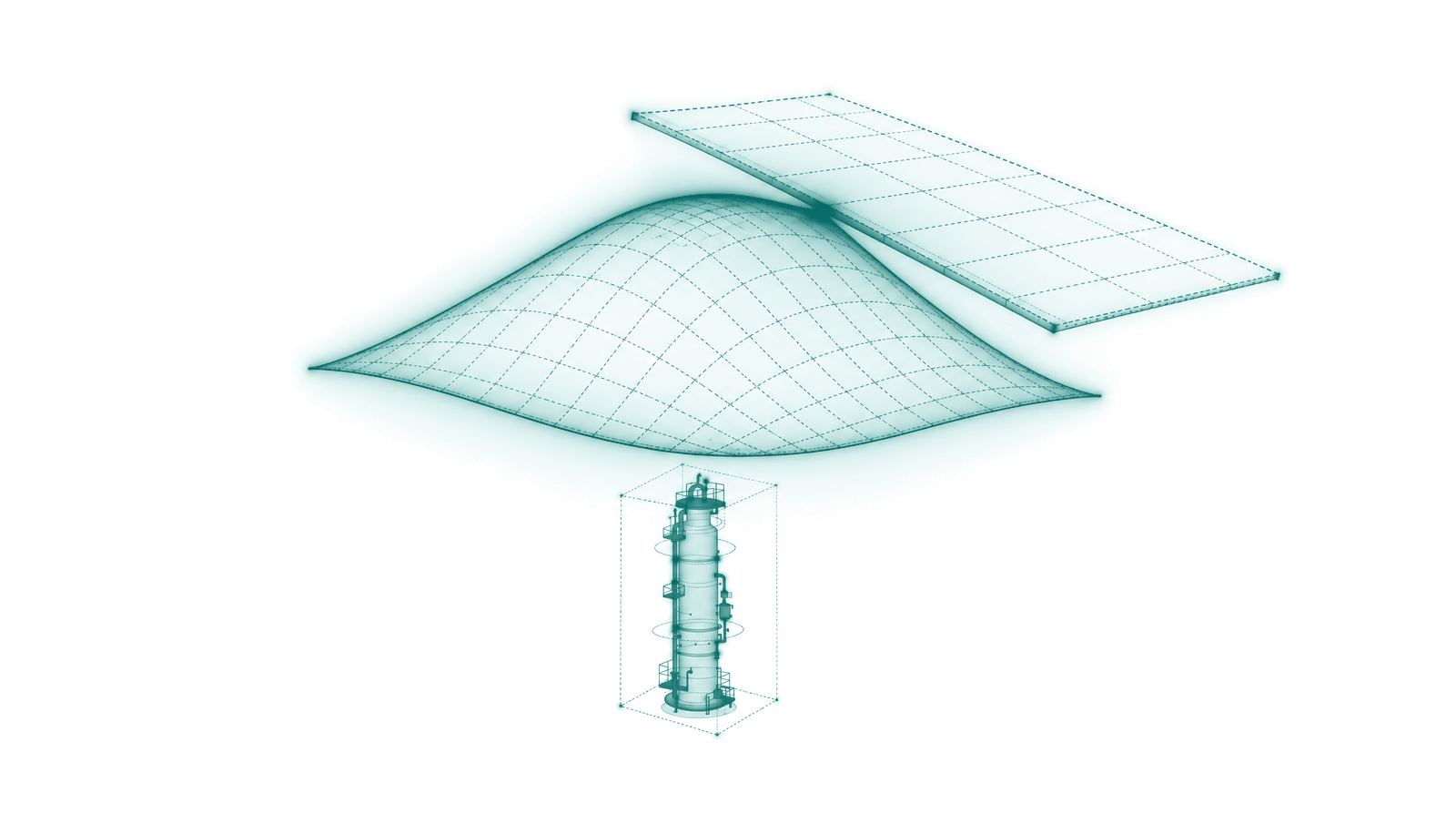 A curved unit response with a straight planning approximation touching it at one operating point and diverging away from it