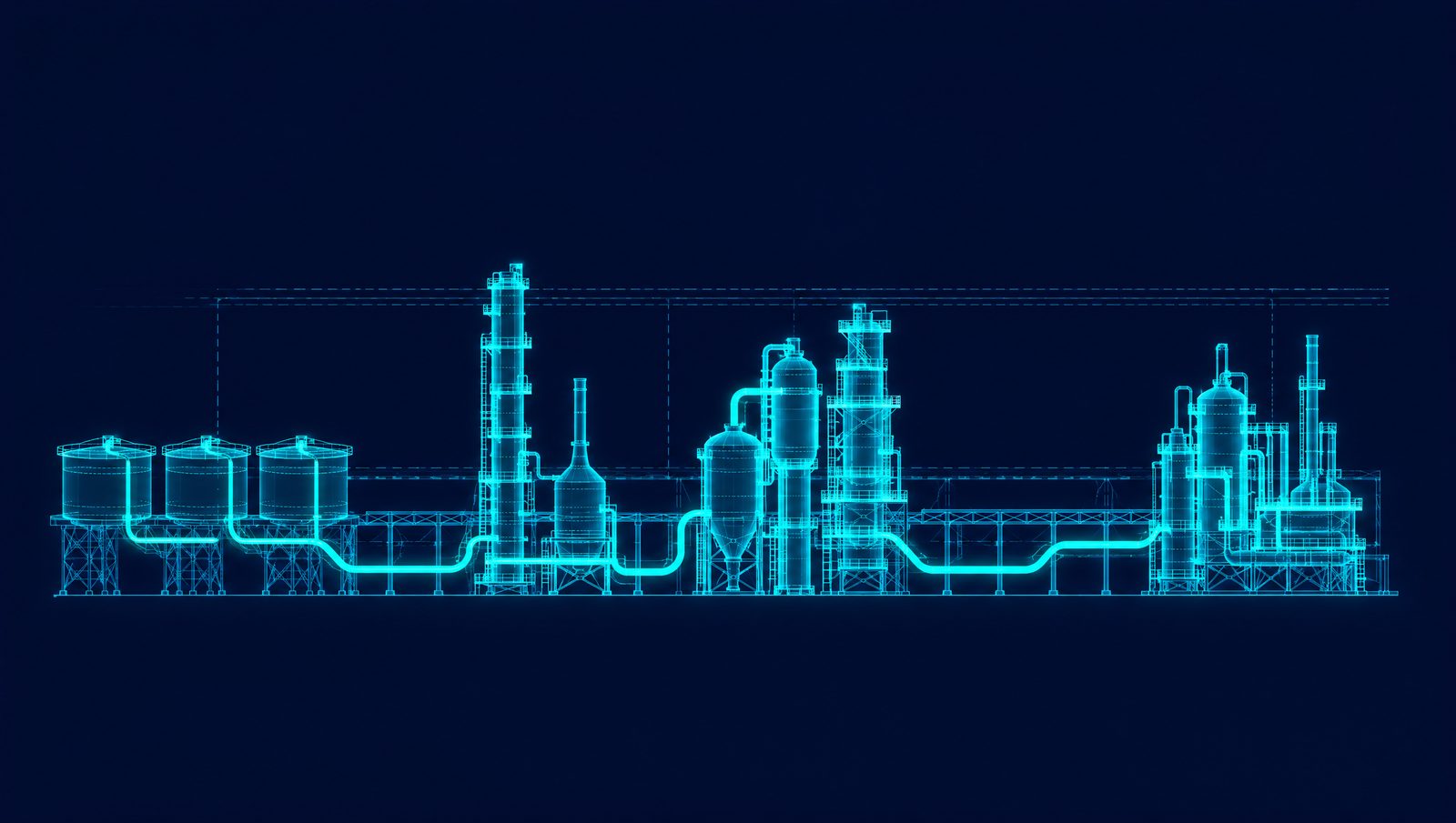 Wireframe illustration of a refinery with crude tanks, crude unit, catalytic cracker and reformer linked by pipe racks