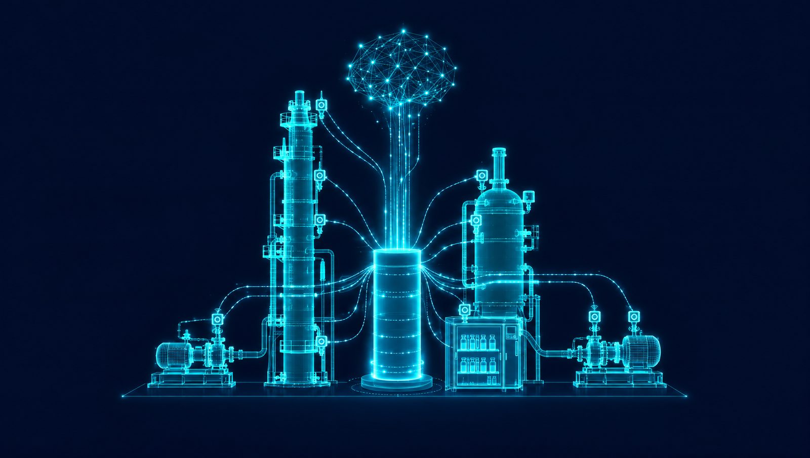 Wireframe illustration of a column, reactor, pumps and lab sample cabinet with signal lines into a data store
