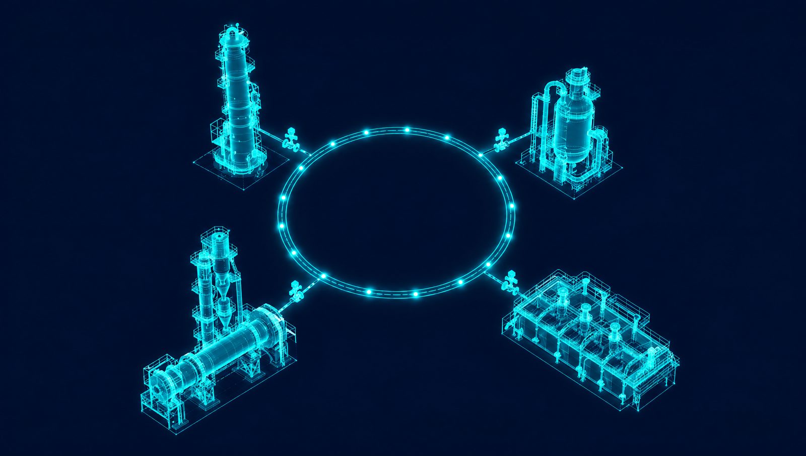 Wireframe illustration of a refinery column, a polymer reactor, a cement kiln and a flotation cell joined into one closed-loop model