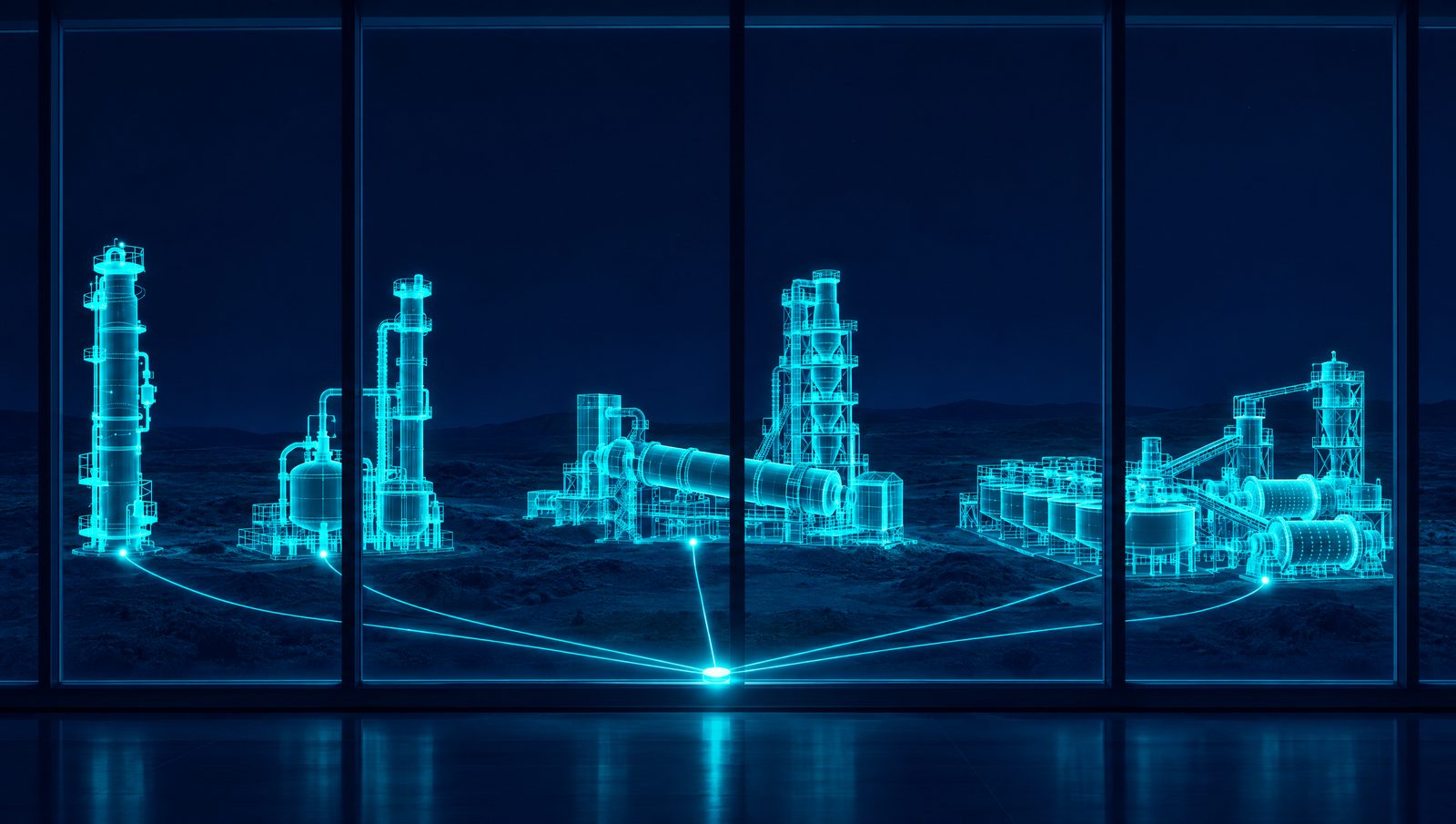 Wireframe illustration of a control room console facing a refinery column, a chemical reactor, a cement kiln and a mineral concentrator