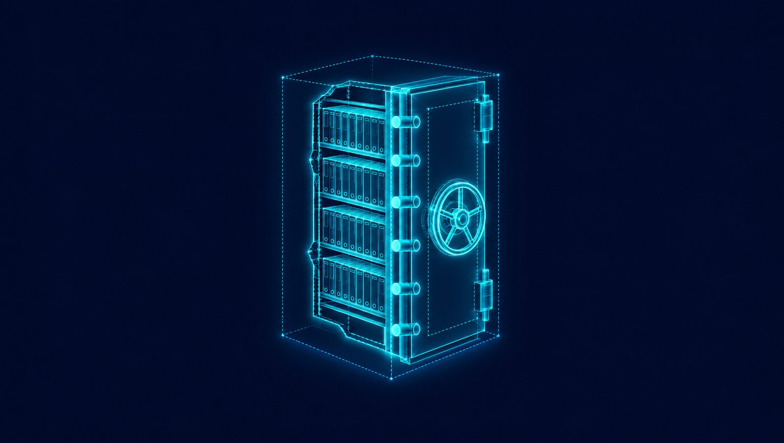 Wireframe drawing of a locked records cabinet holding data folders