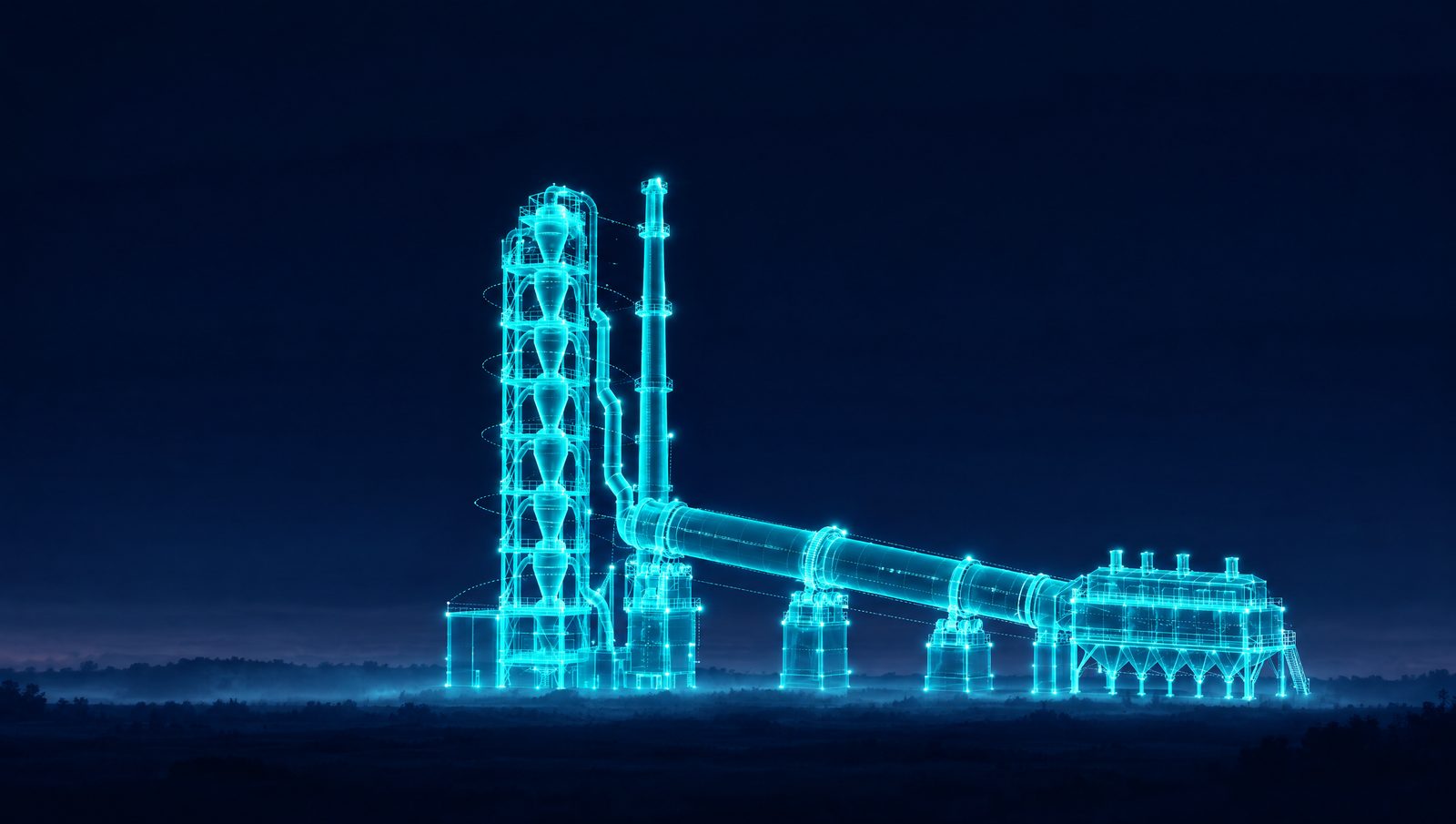 Wireframe illustration of a cement preheater tower, rotary kiln and clinker cooler