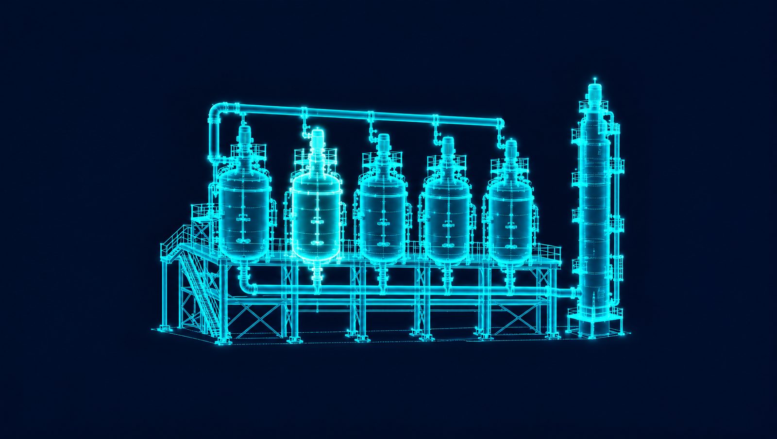 A row of parallel reactors in a chemical plant's critical unit, one reactor glowing brighter than the rest