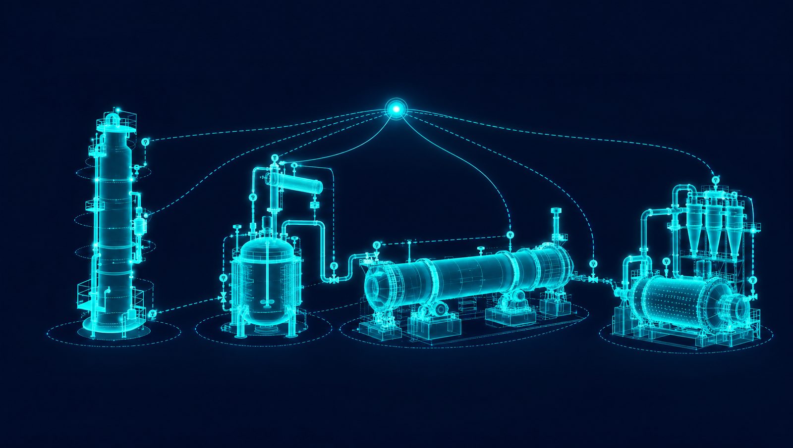 Wireframe of a refinery column, a chemical reactor, a rotary kiln and a grinding mill linked by one control loop