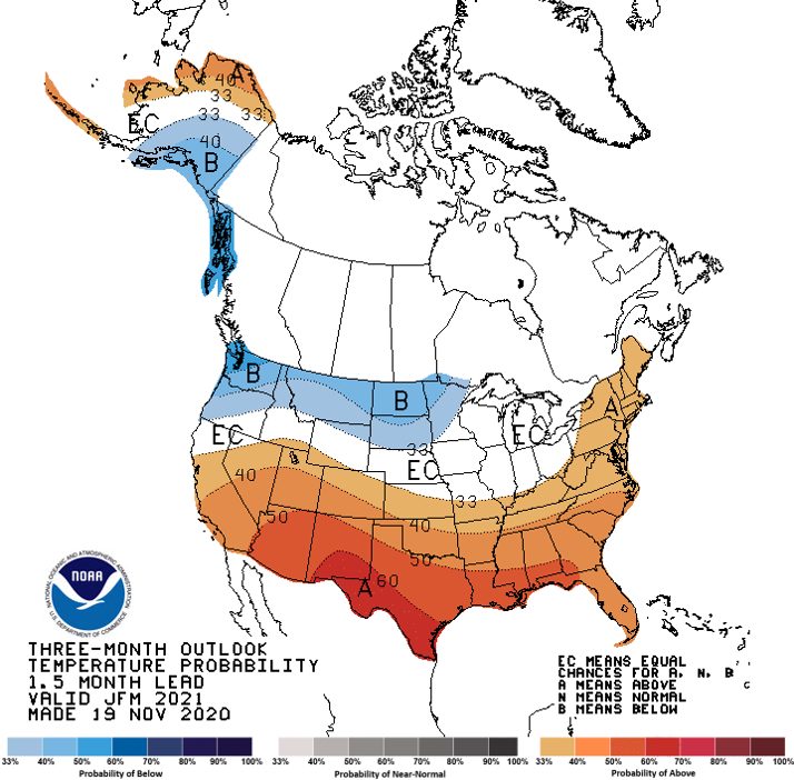 NOAA Climate Prediction Center three-month temperature outlook for January to March 2021, showing above-normal temperatures likely across the southern and eastern United States