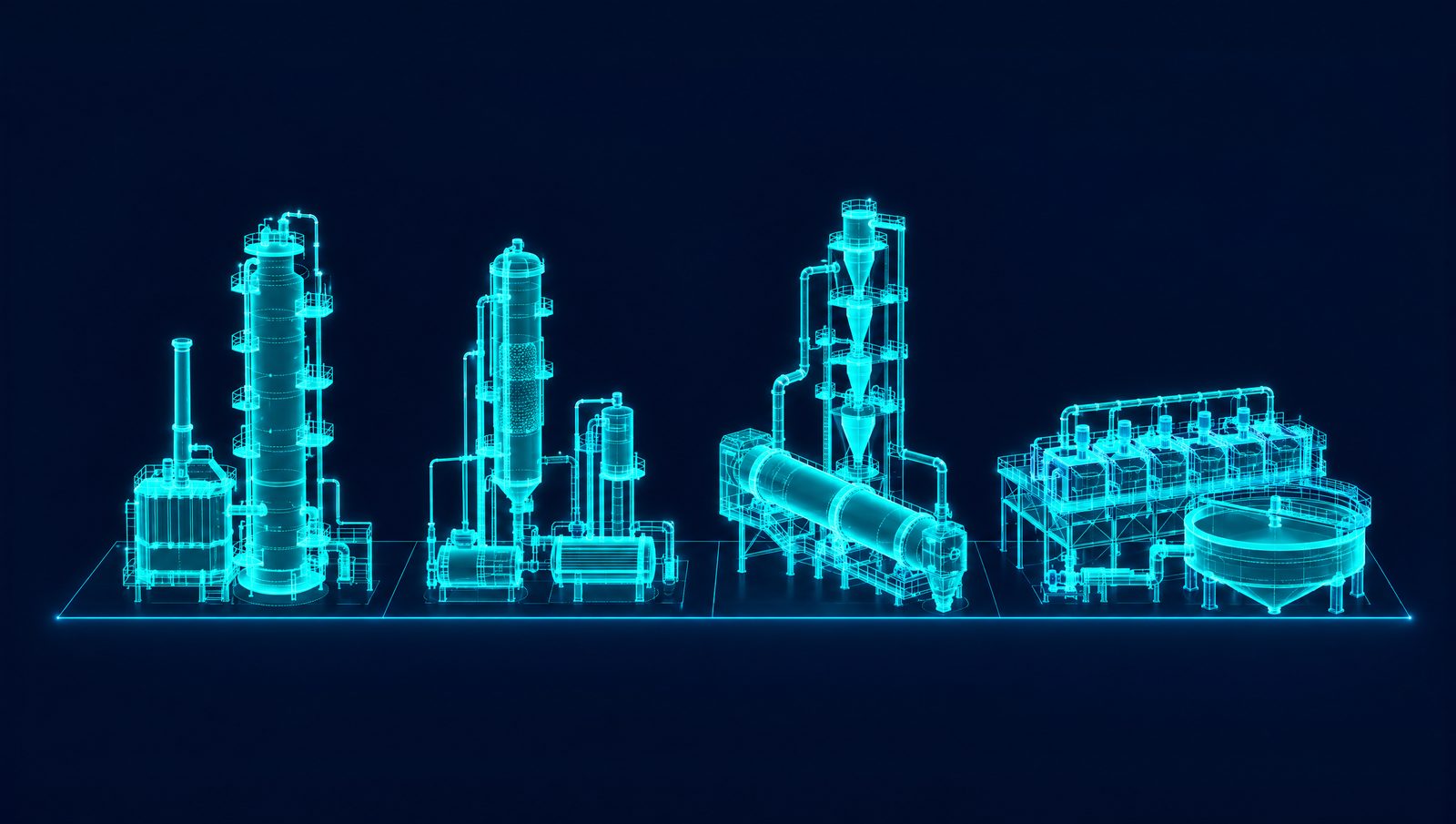 Wireframe drawings of a crude column, a polymer reactor, a cement kiln and a flotation circuit on a dark background