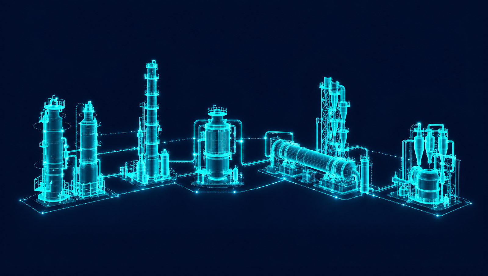 Wireframe drawings of an FCC unit, a polymer reactor, a cement kiln and a grinding mill on a dark background