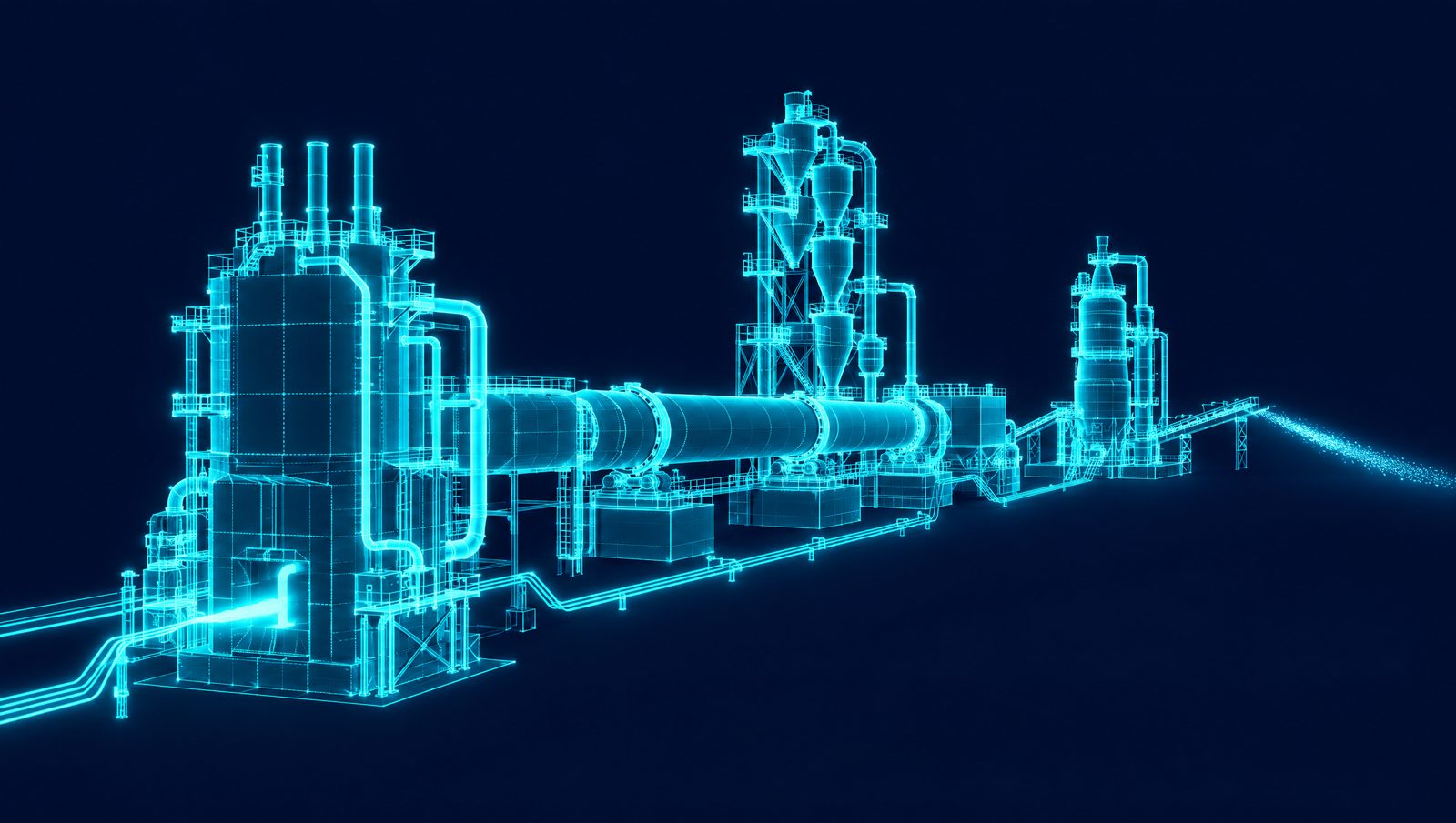 Wireframe of a fired heater, a rotary kiln and a grinding mill with energy flows traced through each unit