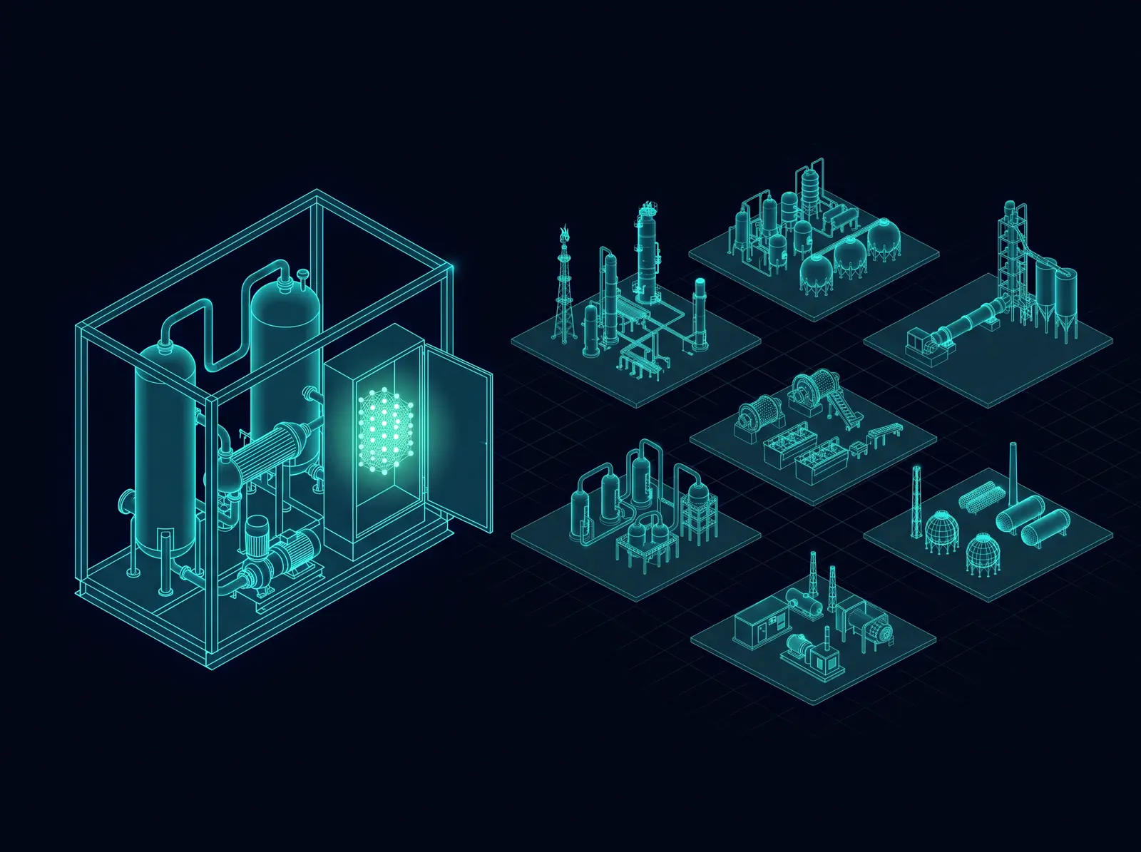 Wireframe of an equipment package with a glowing model inside its control cabinet, beside seven plant sites from different industries