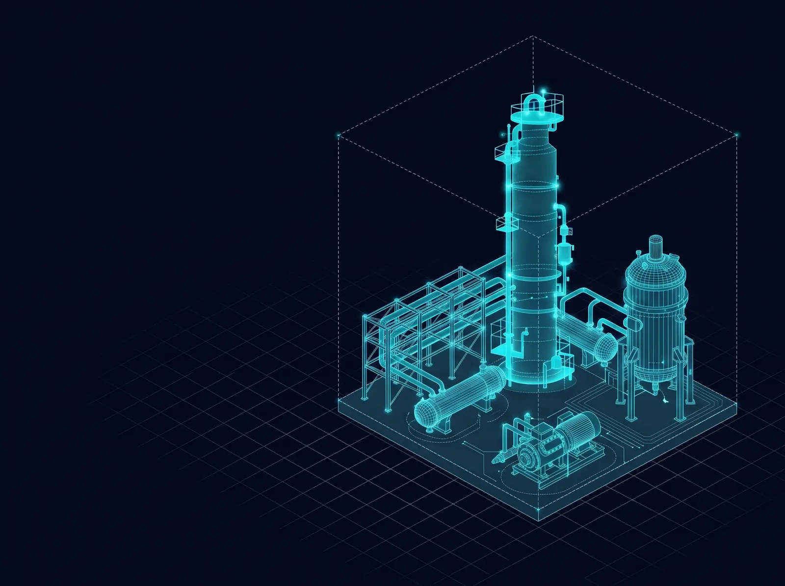 Wireframe of one customer plant on its control platform, with a closed loop of light around it
